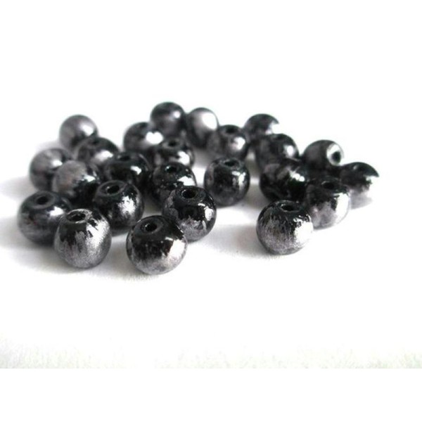 20 Perles Noir Moucheté Argenté Brillant En Verre 6Mm - Photo n°1