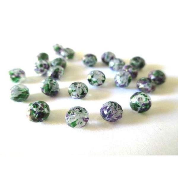 10 Perles Rondelle À Facettes Moucheté Violet Et Vert En Verre 6X5Mm - Photo n°1