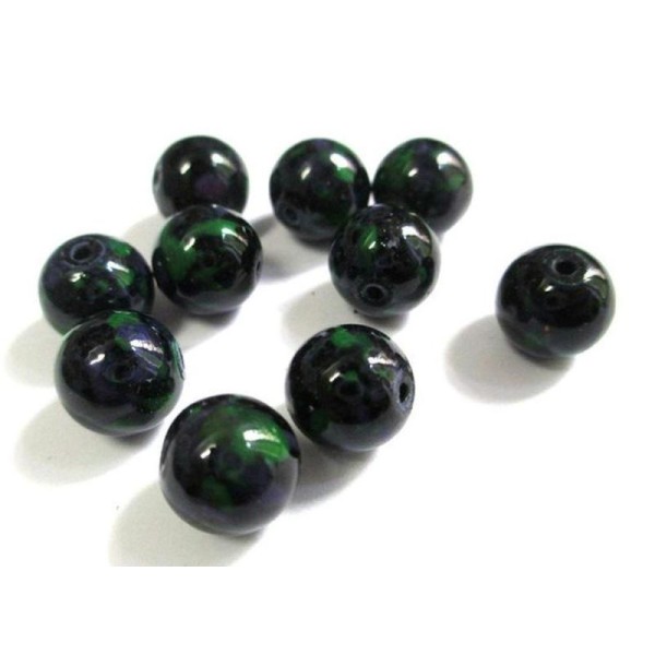 10 Perles Noires Mouchetées Verte Et Violet En Verre 10Mm (S-49) - Photo n°1
