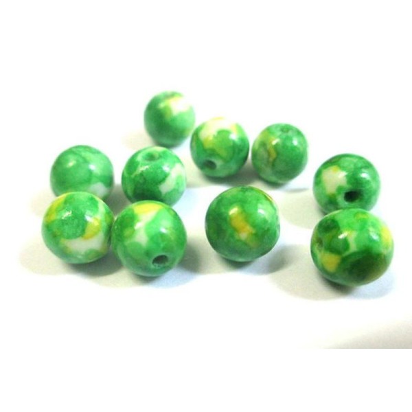 10 Perles Jade Océanique Naturelle Jaune Et Vert 8Mm - Photo n°1