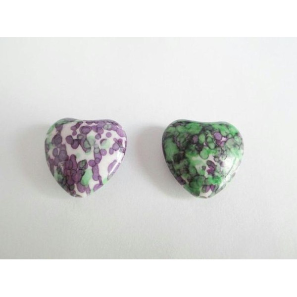 2 Perles Jade Océanique Coeur Naturelle Blanc .Violet Et Vert 20Mm - Photo n°1