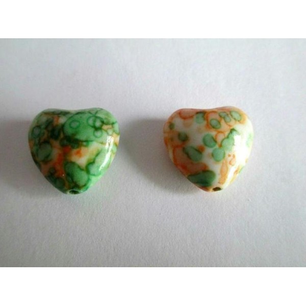 2 Perles Jade Océanique Coeur Naturelle Blanc .Orange Et Vert 14Mm - Photo n°1