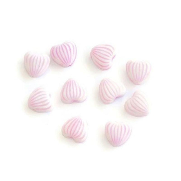 10 Perles Acrylique  Forme Coeur Couleur Blanc Rayé Rose Clair 10X11X5 Mm - Photo n°1