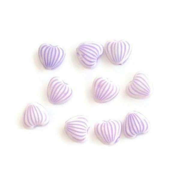 10 Perles Acrylique  Forme Coeur Couleur Blanc Rayé Violet 10X11X5 Mm - Photo n°1
