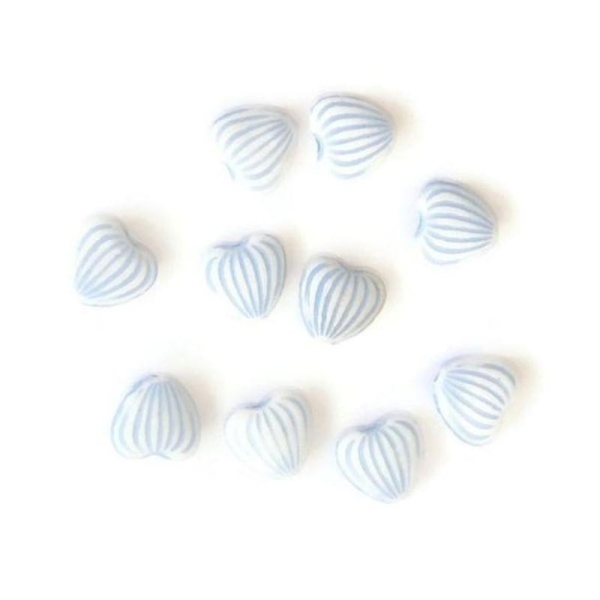 10 Perles Acrylique  Forme Coeur Couleur Blanc Rayé Bleu 10X11X5 Mm - Photo n°1