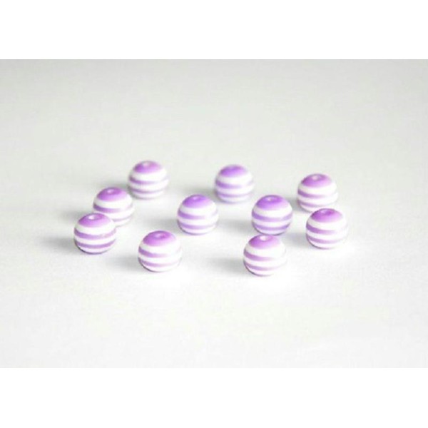 10 Perles  En Résine Synthétique Rayé Violet  Et Blanc  8Mm - Photo n°1