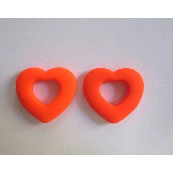 2 Perles Coeur Orange Fluo Acryliques Caoutchouté 27X25Mm - Photo n°1