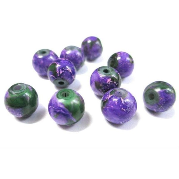 10 Perles Mauve Marbré Vert En Verre 10Mm (S-38) - Photo n°1