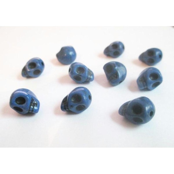 10 Perles Bleu Foncé En Turquoise De Synthèse Tête De Mort  9X7.5X9Mm - Photo n°1