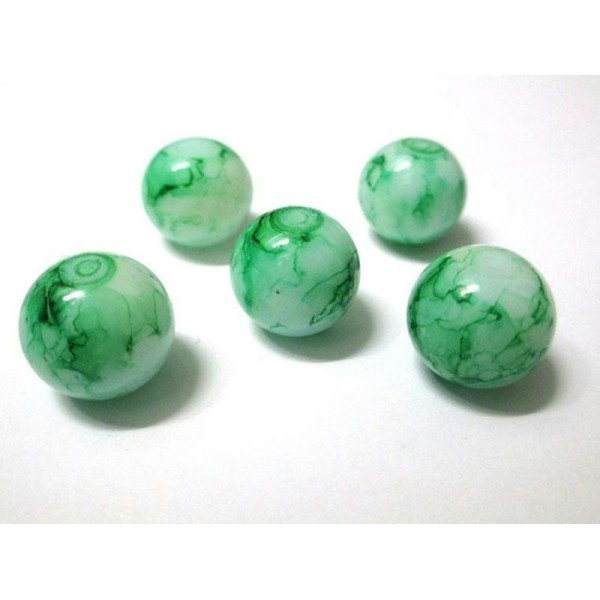 5 Perles Blanche Tréfilé Vert  En Verre 14Mm  (N-12) - Photo n°1