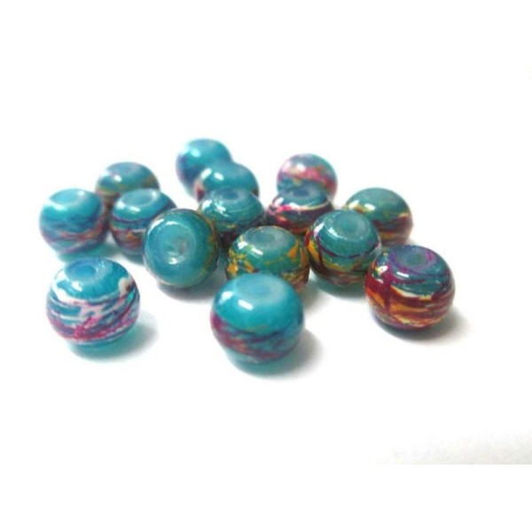 20 Perles Bleu Turquoise Tréfilé Multicolore En Verre Peint 6Mm - Photo n°1