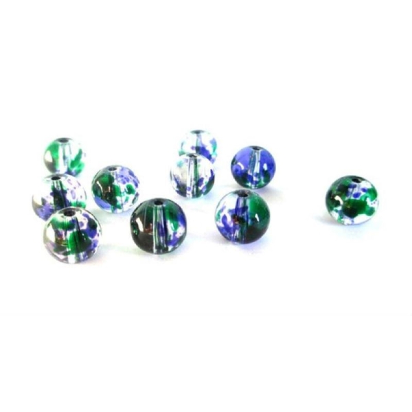 10 Perles Transparentes Tréfilé Vert Et Bleu 8Mm En Verre Ronde - Photo n°1