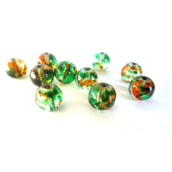 10 Perles Transparentes Tréfilé Orange Et Vert 8Mm En Verre Ronde - Photo n°1