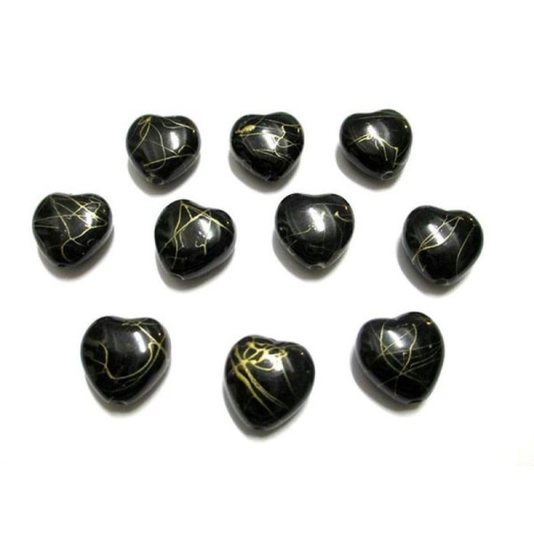 10 Perles Acryliques Coeur Couleur Noir Tréfilé Doré  15Mm - Photo n°1