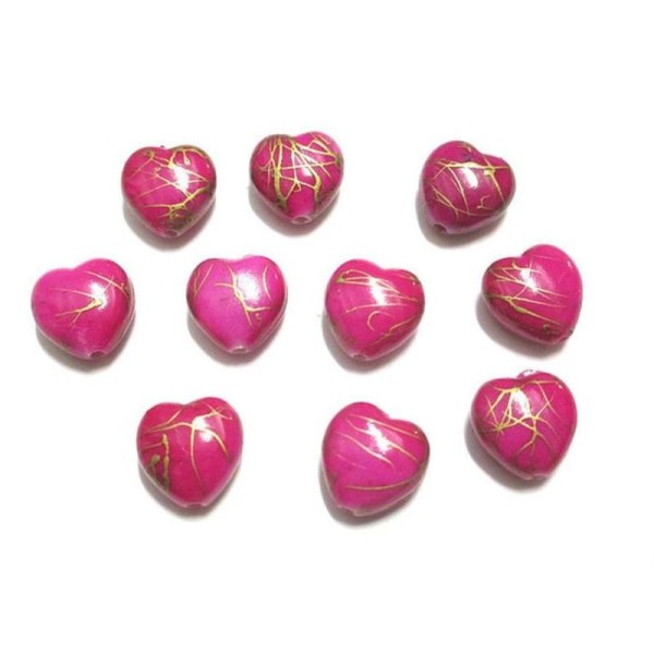 10 Perles Acryliques Coeur Couleur Rose Tréfilé Doré  15Mm - Photo n°1