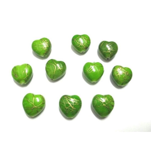 10 Perles Acryliques Coeur Couleur Vert Tréfilé Doré  15Mm - Photo n°1