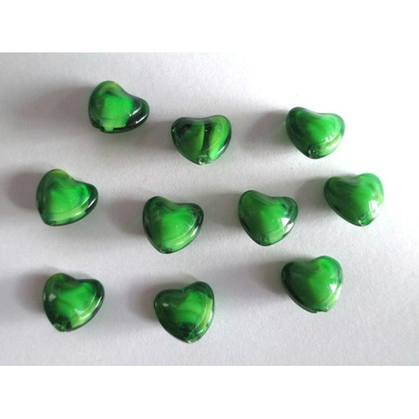 10 Perles En Verre Forme Coeur Vert Foncé  11X12Mm - Photo n°1