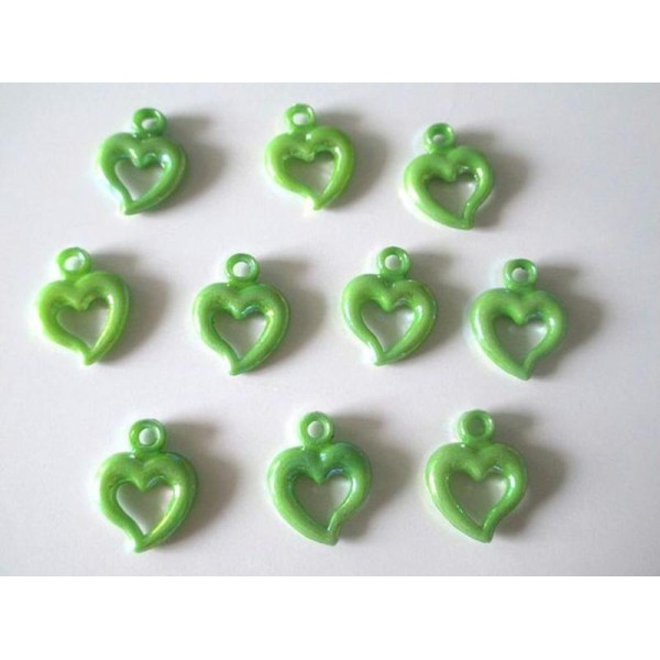 10 Pendentifs Coeur Acrylique Vert Ab Couleur 20X14 Mm - Photo n°1