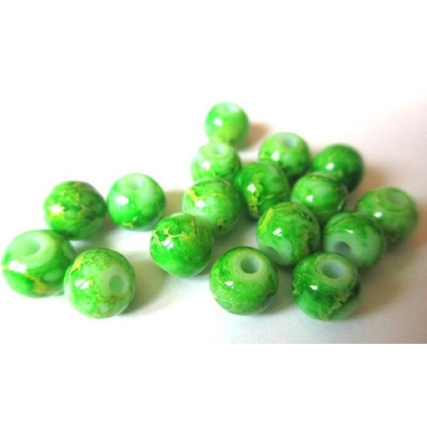 10 Perles Vert Marbré Jaune 8Mm (H-31) - Photo n°1