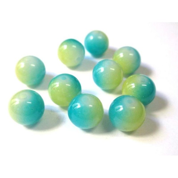 10 Perles Bicolore Jaune Et Bleu  En Verre Peint 10Mm (T) - Photo n°1
