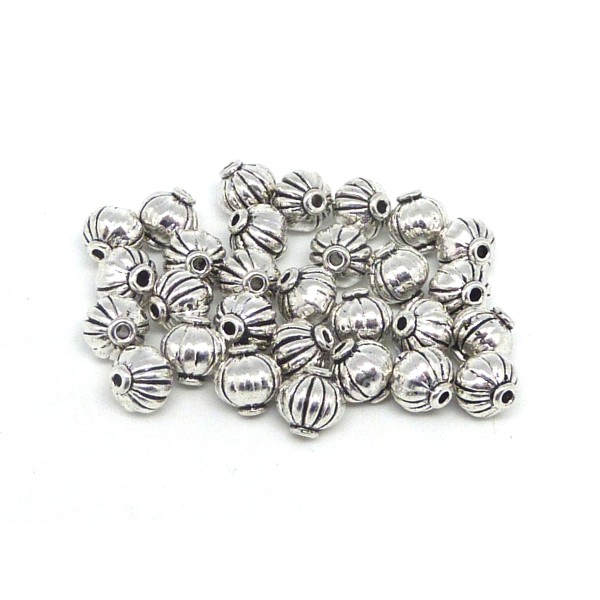 10 Perles Toupie 7mm En Métal Argenté Strié - Photo n°1