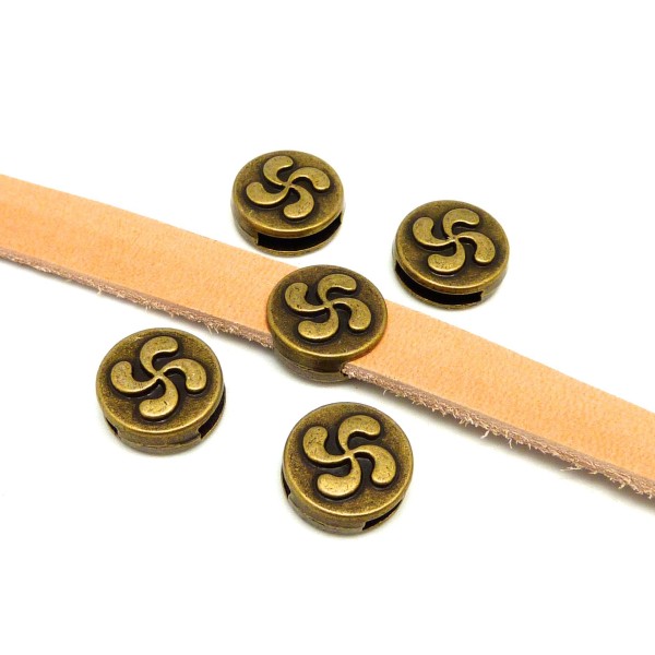 5 Perles Passant Croix Basque Slide Pour Lanière De 10mm En Métal De Couleur Bronze Gravé - Photo n°1