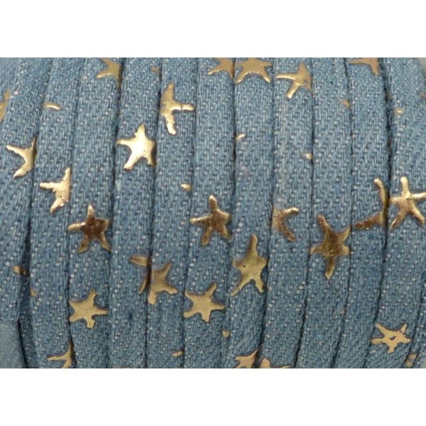 1m Lanière 5mm En Jeans Devin Délavé Coton Tissé Motif Étoile Doré Bleu Jeans Délavé - Photo n°2