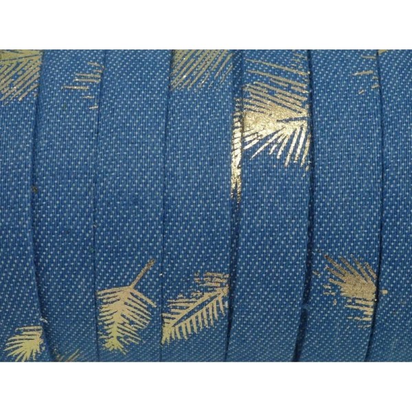 1m Lanière 10mm En Jeans Denin Coton Tissé Motif Plume Doré Bleu - Photo n°2
