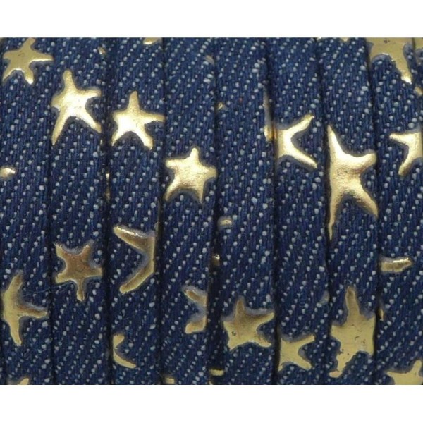 1m Lanière 5mm En Jeans Denin Brut Coton Tissé Motif étoile Doré Et Bleu Foncé - Photo n°2