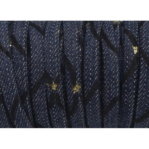 1m Lanière 5mm En Jeans Denin Brut Coton Motif Doré Et Bleu Foncé - Photo n°2