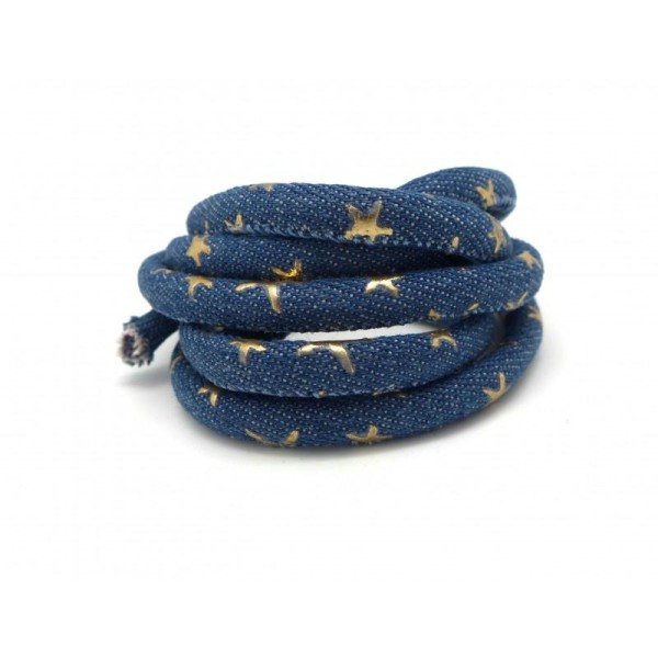 1m Cordon Jeans 6mm Bleu Et Motif étoiles Peint En Doré En Coton Style Bohème Chic - Photo n°1