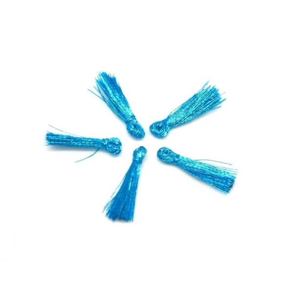 5 Mini Pompons 1,5cm De Couleur Bleu Turquoise Vif Brillant En Lurex - Photo n°1