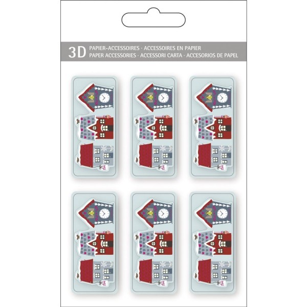 Lot de 6 étiquettes en carton 3D, 4 Maisons sous la neige, 5,5x2,5cm, stickers avec adhésif pour scr - Photo n°1