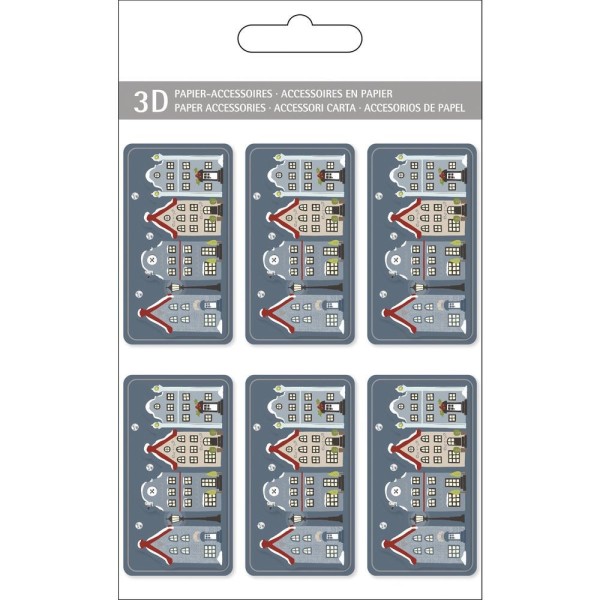 Lot de 6 étiquettes en carton 3D, 4 Maisons en ville, 5,5x3cm, stickers avec adhésif pour scrapbooki - Photo n°1