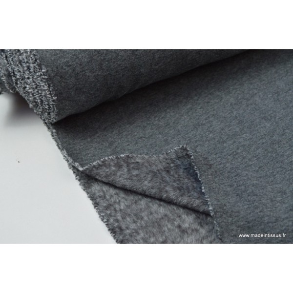 Tissu Sweat envers Minky gris anthracite polyester coton elasthanne .x1m - Photo n°1