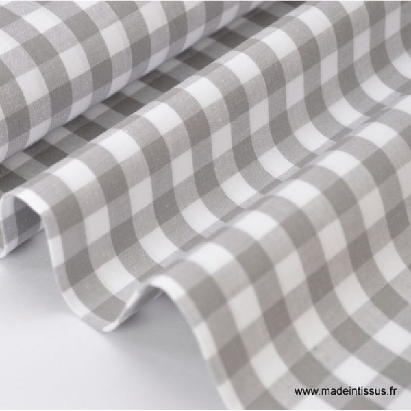 Tissu vichy grands carreaux sur Popeline coloris gris - Photo n°1