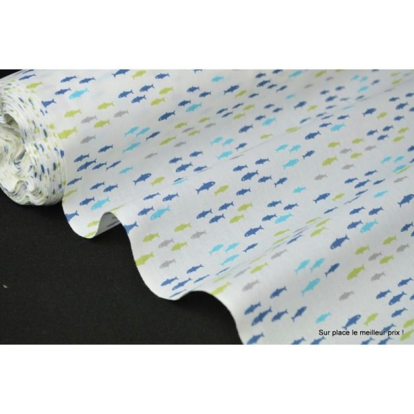 Tissu 100% coton dessin friture turquoise et anis 160cm 110gr/m² . x1m - Photo n°1