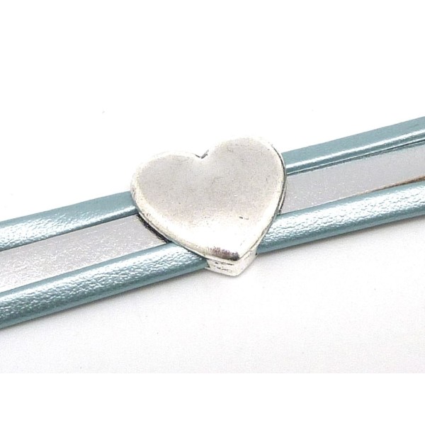 R-3 Perles Passant Coeur En Métal Argenté Lisse Pour Lanière Cuir De 12mm Slide - Photo n°1