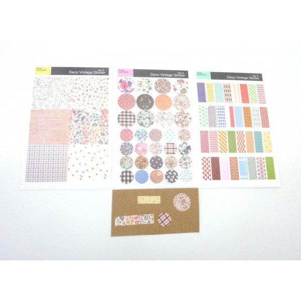 3 Planches D'étiquettes Adhésives, Stickers Embellissement Scrapbooking Motif Fleurs, Carreaux, Ray - Photo n°1