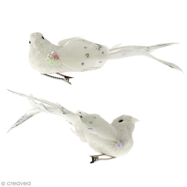 Oiseau en plume - Blanc à paillettes - 14 x 4,5 cm - 2 pcs - Photo n°1