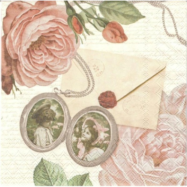 4 Serviettes en papier Médaillon Romantique Roses Format Lunch - Photo n°1