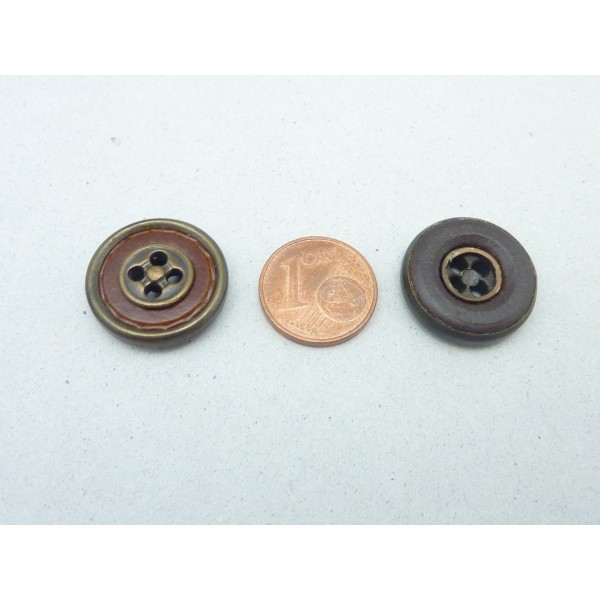 4 Boutons Connecteur Vintage Rond Cuir Marron Et Métal Bronze 18,6mm - Photo n°2