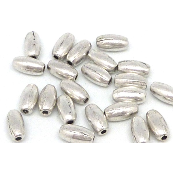 20 Perles Grain De Riz, Ovale, Olive En Métal Argenté Lisse 7,6mm X 4mm - Photo n°1