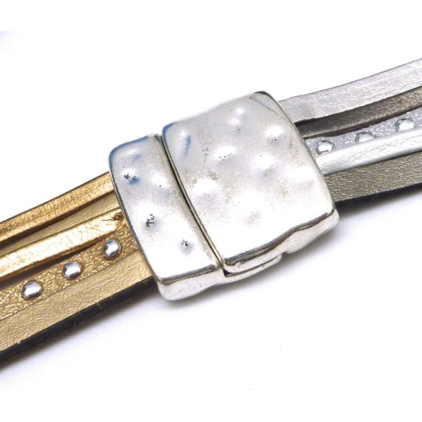 Fermoir Aimanté Rectangle Manchette 19,5mm Pour Bracelet Multirangs En Métal Argenté Martelé Ouv - Photo n°1