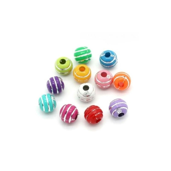 50 Perles acrylique multicolore à rayure argenté 7 mm - Photo n°1