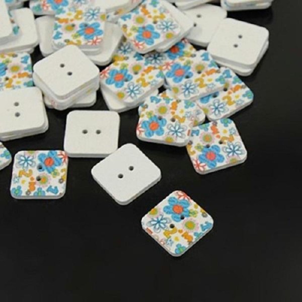 Lot de 10 boutons bois carré motif fleur et chiffre 18 mm - Photo n°1