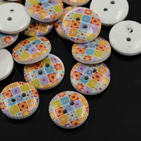 Lot de 10 boutons bois rond à motif 15 mm - Photo n°1