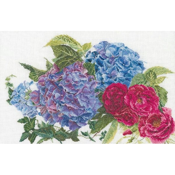 Thea Gouveuneur 442  Hydrangea et rose sur toile lin - Photo n°1