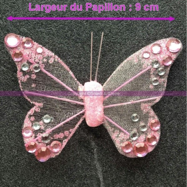 Papillon en Organza pailletée Rose de 10 cm, avec cabochons rose et cristal, Corps paillet&ea - Photo n°1
