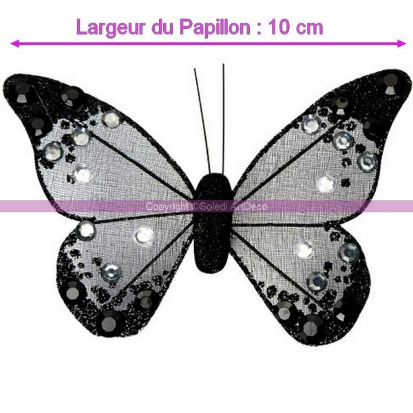 Papillon en Organza pailletée Noir de 10 cm, avec cabochons Noir et cristal, Corps paillet&ea - Photo n°1
